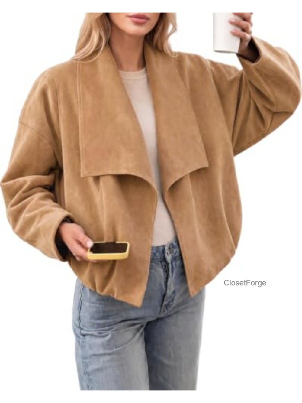 Faux Suede Cropped Open Front Oversized Jacket Wide Lapel